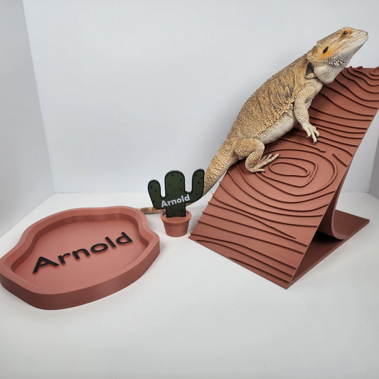 Bearded Dragon Desert Pack | Cage accessories| Basking ramp, Food/Water dish, and personalized sign stand Desert theme beardie decoration