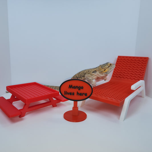Bearded Dragon Paradise Kit | Beardie lounge chair, picnic table dish, and personalized sign stand! Bearded dragon decor pack reptile